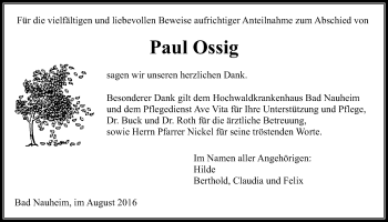Traueranzeige von Paul Ossig von Wetterauer Zeitung, Wetterauer Zeitung