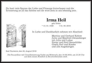 Traueranzeige von Irma Heil von Wetterauer Zeitung, Wetterauer Zeitung