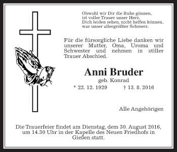 Traueranzeige von Anni Bruder von Gießener Allgemeine, Alsfelder Allgemeine