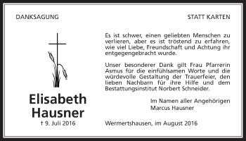 Traueranzeige von Elisabeth Hausner von Gießener Allgemeine, Alsfelder Allgemeine