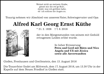 Traueranzeige von Alfred Karl Georg Ernst Küthe von Gießener Allgemeine, Alsfelder Allgemeine