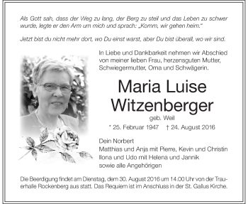 Traueranzeige von Marie Luise Witzenberger von Wetterauer Zeitung, Wetterauer Zeitung