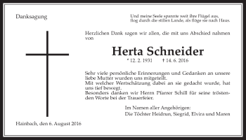 Traueranzeige von Herta Schneider von Alsfelder Allgemeine