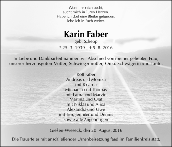 Traueranzeige von Karin Faber von Gießener Allgemeine, Alsfelder Allgemeine