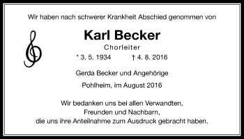 Traueranzeige von Karl Becker von Gießener Allgemeine, Alsfelder Allgemeine