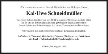 Traueranzeige von Kai-Uwe Schneidmüller von Alsfelder Allgemeine