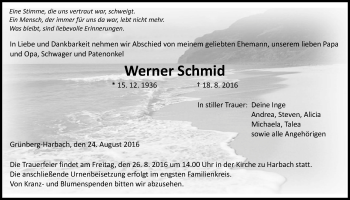 Traueranzeige von Werner Schmid von Gießener Allgemeine, Alsfelder Allgemeine