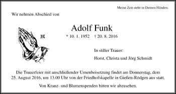 Traueranzeige von Adolf Funk von Gießener Allgemeine, Alsfelder Allgemeine