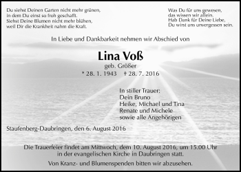 Traueranzeige von Lina Voß von Gießener Allgemeine, Alsfelder Allgemeine
