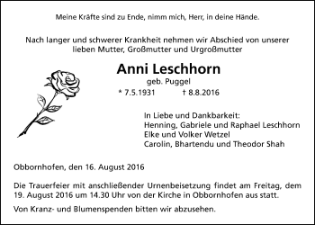 Traueranzeige von Anni Leschhorn von Licher Wochenblatt, Licher Wochenblatt, Licher Wochenblatt