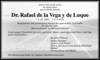 Traueranzeige von Rafael de la Vega y de Luque von Gießener Allgemeine, Alsfelder Allgemeine