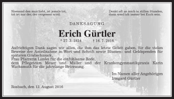 Traueranzeige von Erich Gürtler von Wetterauer Zeitung, Wetterauer Zeitung