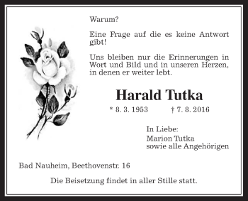 Traueranzeige von Harald Tutka von Wetterauer Zeitung, Wetterauer Zeitung