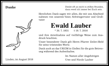 Traueranzeige von Ewald Lauber von Gießener Allgemeine, Alsfelder Allgemeine