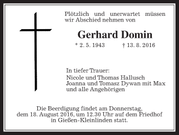 Traueranzeige von Gerhard Domin von Gießener Allgemeine, Alsfelder Allgemeine