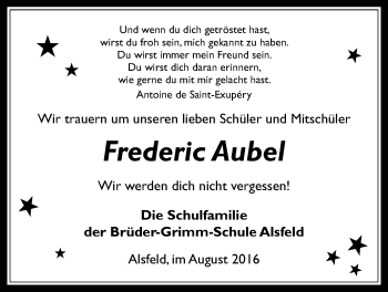 Traueranzeige von Frederic Aubel von Alsfelder Allgemeine