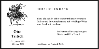 Traueranzeige von Otto Tritsch von Wetterauer Zeitung, Wetterauer Zeitung