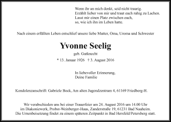 Traueranzeige von Yvonne Seelig von Wetterauer Zeitung, Wetterauer Zeitung