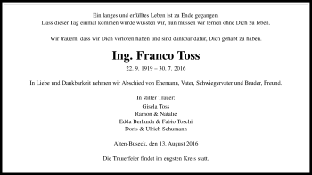Traueranzeige von Franco Toss von Gießener Allgemeine, Alsfelder Allgemeine