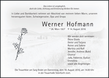 Traueranzeige von Werner Hofmann von Wetterauer Zeitung, Wetterauer Zeitung