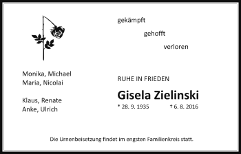 Traueranzeige von Gisela Zielinski von Gießener Allgemeine, Alsfelder Allgemeine