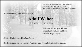 Traueranzeige von Adolf Weber von Gießener Allgemeine, Alsfelder Allgemeine