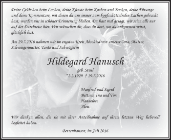 Traueranzeige von Hildegard Hanusch von Licher Wochenblatt, Licher Wochenblatt, Licher Wochenblatt