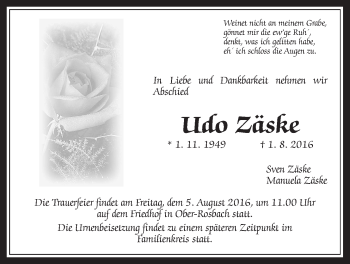 Traueranzeige von Udo Zäske von Wetterauer Zeitung, Wetterauer Zeitung