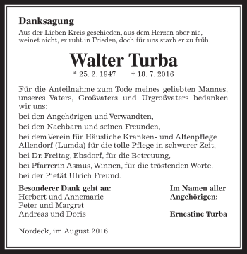 Traueranzeige von Walter Turba von Allendorfer Mitteilungen