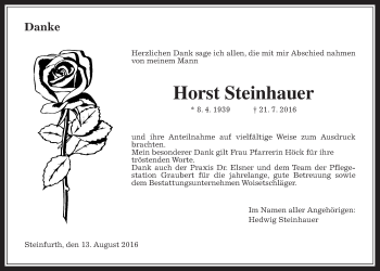 Traueranzeige von Horst Steinhauer von Wetterauer Zeitung, Wetterauer Zeitung