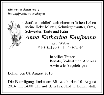 Traueranzeige von Anna Katharina Kaufmann von Gießener Allgemeine, Alsfelder Allgemeine