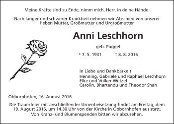 Traueranzeige von Anni Leschhorn von Gießener Allgemeine, Alsfelder Allgemeine