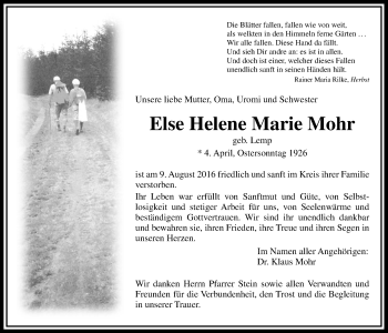 Traueranzeige von Else Helene Marie Mohr von Gießener Allgemeine, Alsfelder Allgemeine