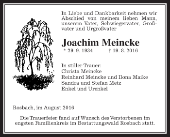 Traueranzeige von Joachim Meincke von Wetterauer Zeitung, Wetterauer Zeitung