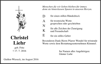 Traueranzeige von Christel Liehr von Gießener Allgemeine, Alsfelder Allgemeine