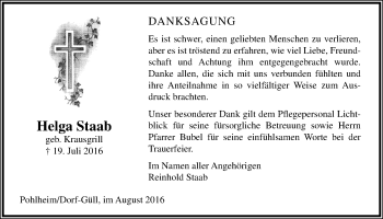 Traueranzeige von Helga Staab von Licher Wochenblatt, Licher Wochenblatt, Licher Wochenblatt
