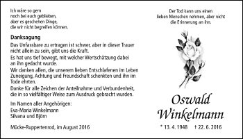 Traueranzeige von Oswald Winkelmann von Alsfelder Allgemeine