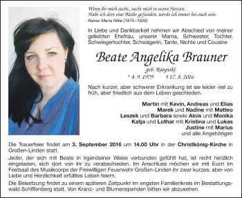 Traueranzeige von Beate Angelika Brauner von Gießener Allgemeine, Alsfelder Allgemeine