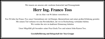 Traueranzeige von Franco Toss von Gießener Allgemeine, Alsfelder Allgemeine