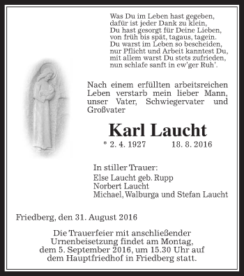 Traueranzeige von Karl Laucht von Wetterauer Zeitung, Wetterauer Zeitung