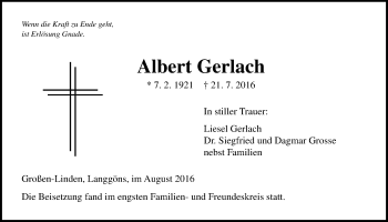 Traueranzeige von Albert Gerlach von Gießener Allgemeine, Alsfelder Allgemeine