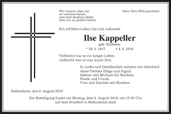 Traueranzeige von Ilse Kapeller von Gießener Allgemeine, Alsfelder Allgemeine
