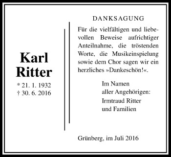 Traueranzeige von Karl Ritter von Gießener Allgemeine, Alsfelder Allgemeine