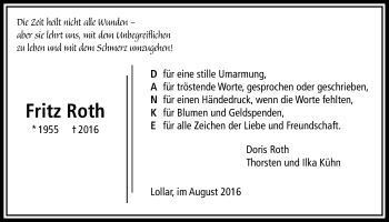 Traueranzeige von Fritz Roth von Gießener Allgemeine, Alsfelder Allgemeine