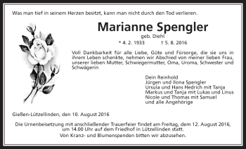 Traueranzeige von Marianne Spengler von Gießener Allgemeine, Alsfelder Allgemeine