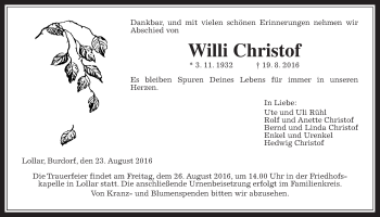 Traueranzeige von Willi Christof von Gießener Allgemeine, Alsfelder Allgemeine