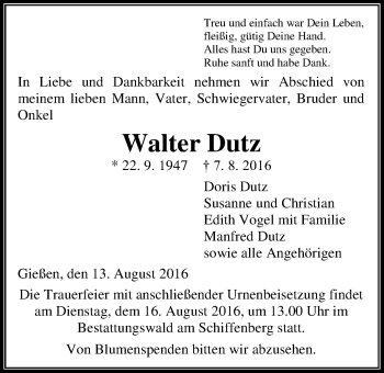 Traueranzeige von Walter Dutz von Gießener Allgemeine, Alsfelder Allgemeine