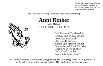 Traueranzeige von Anni Rinker von Gießener Allgemeine, Alsfelder Allgemeine