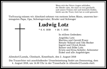 Traueranzeige von Ludwig Lotz von Gießener Allgemeine, Alsfelder Allgemeine