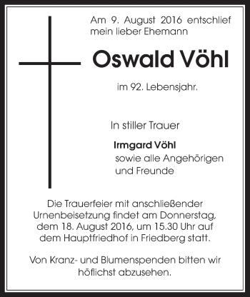 Traueranzeige von Oswald Vöhl von Wetterauer Zeitung, Wetterauer Zeitung